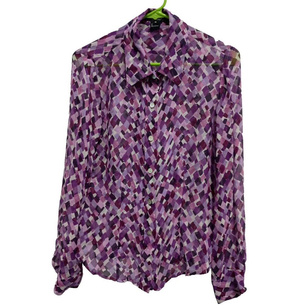 Vintage Karen Kane Womens Silk Blouse Top Medium Purple Confetti Print Sheer